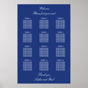 Póster Dark Blue 12 Table Wedding Seating Chart Poster