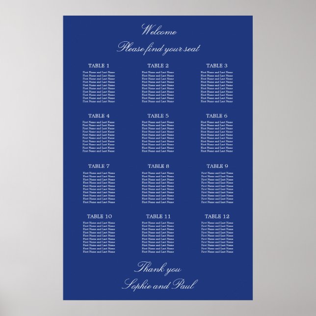 Póster Dark Blue 12 Table Wedding Seating Chart Poster (Frente)