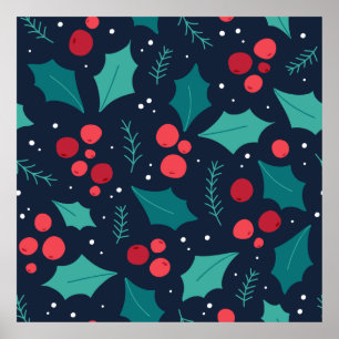 Póster Dark Christmas Mistletoe and Leaf Pattern