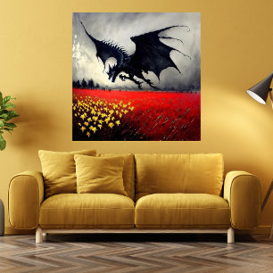 Póster Dark dragon flor field Fantasía de fantasía de art