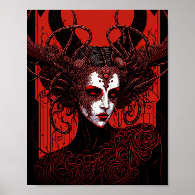 Póster Dark Elf Demon Red Black Fantasy Art (Frente)