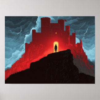 Póster Dark Fantasy Red Fortress Silhouette Adventure Art