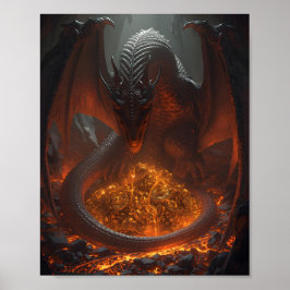Póster Dark Fire Dragon Guarding Treasure – Fantasy Art