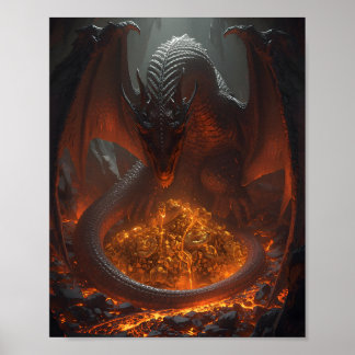 Póster Dark Fire Dragon Guarding Treasure – Fantasy Art