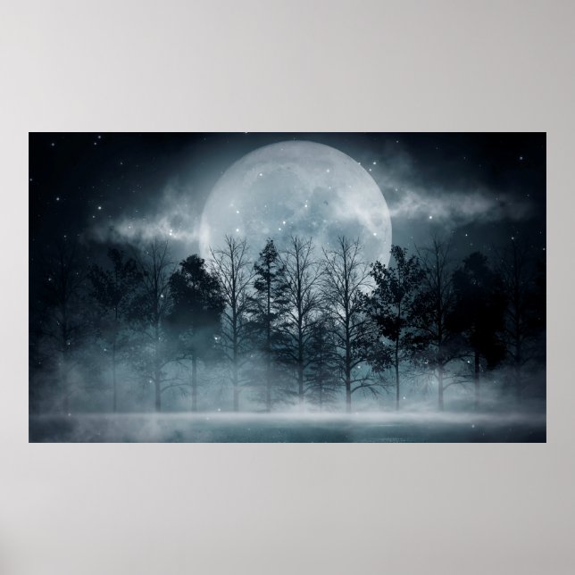 Póster Dark forest. Gloomy dark scene with trees, big moo (Frente)