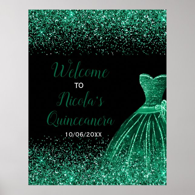 Póster Dark Green Dress Faux Glitter Quinceanera Welcome (Frente)