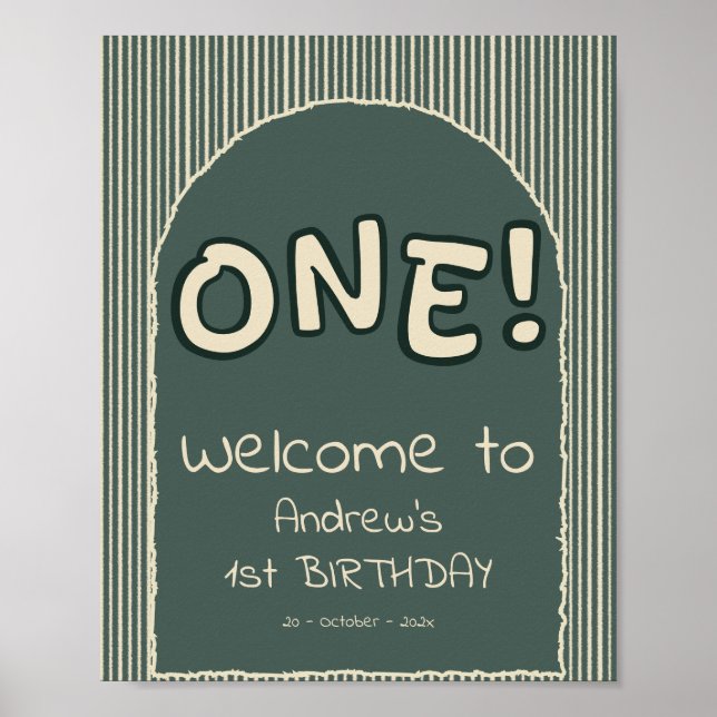 Póster Dark Green Stripes 1st Birthday Welcome Sign (Frente)