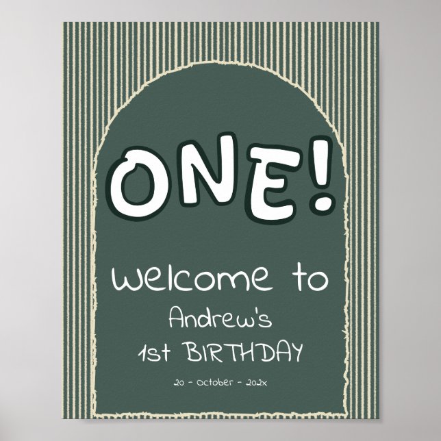 Póster Dark Green Stripes 1st Birthday Welcome Sign (Frente)