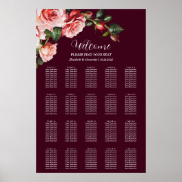 Póster Dark moody pink red roses wedding seating chart