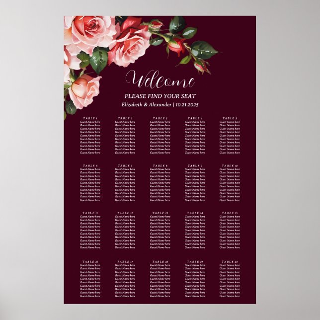 Póster Dark moody pink red roses wedding seating chart (Frente)