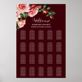 Póster Dark moody pink red roses wedding seating chart