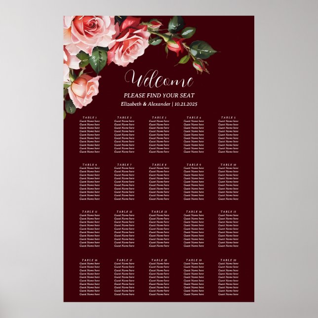 Póster Dark moody pink red roses wedding seating chart (Frente)