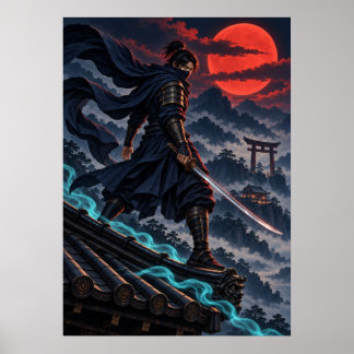 Póster Dark Ninja Red Moon Japanese Fantasy Art Poster