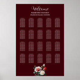 Póster Dark Pretty pink white red roses seating chart