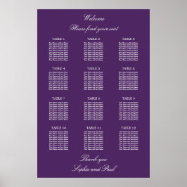 Póster Dark Purple 12 Table Wedding Seating Chart Poster