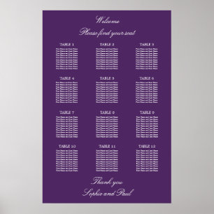 Póster Dark Purple 12 Table Wedding Seating Chart Poster