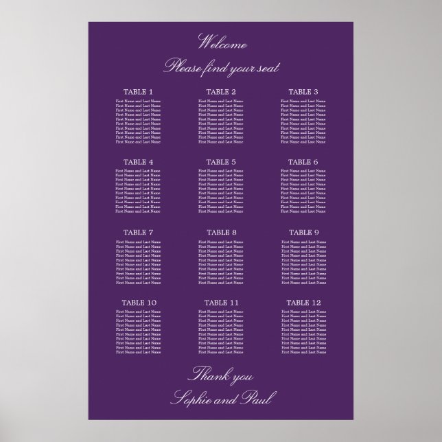 Póster Dark Purple 12 Table Wedding Seating Chart Poster (Frente)