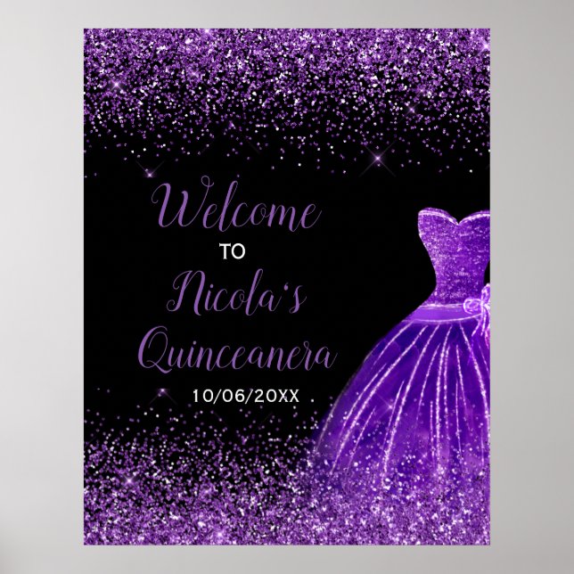 Póster Dark Purple Dress Faux Glitter Quinceanera Welcome (Frente)