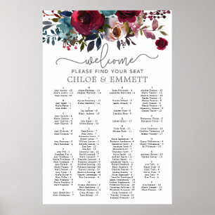 Póster Dark Red Floral Alphabetical Wedding Seating Chart