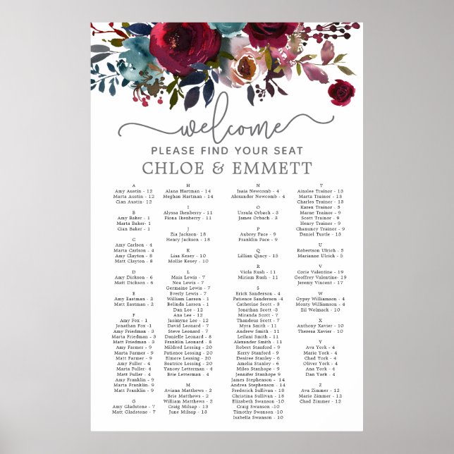 Póster Dark Red Floral Alphabetical Wedding Seating Chart (Frente)