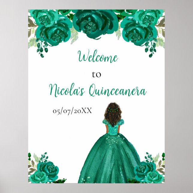 Póster Dark Skin Princess Green Quinceanera Welcome (Frente)