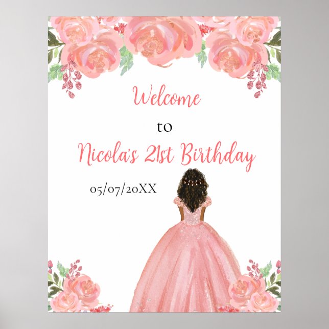 Póster Dark Skin Princess Pink Floral Birthday Welcome (Frente)
