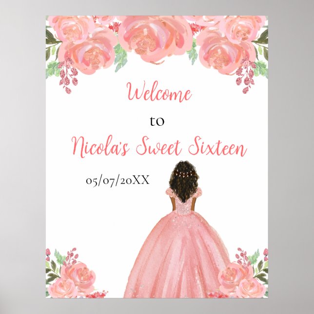 Póster Dark Skin Princess Pink Sweet Sixteen Welcome (Frente)