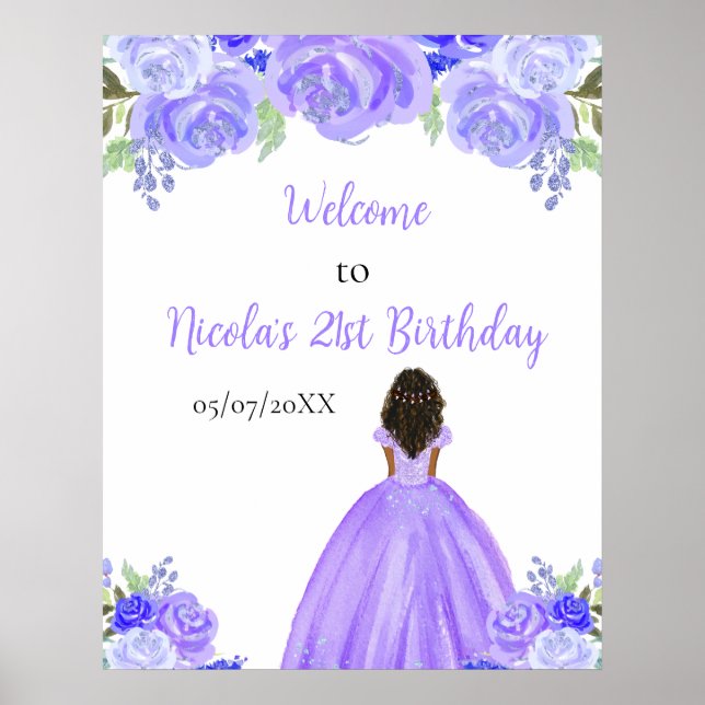 Póster Dark Skin Princess Purple Floral Birthday Welcome (Frente)