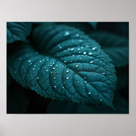 Póster Dark Teal Macro Leaf With Rain Water Droplets