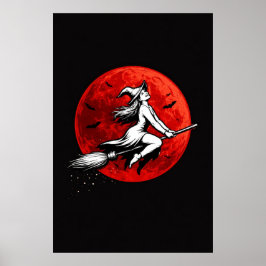 Póster Dark Witch Flying Over Red Moon