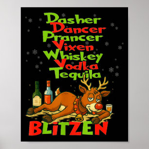 Póster Dasher Dancer Whiskey Vodka Tequila Blitzen Cristo