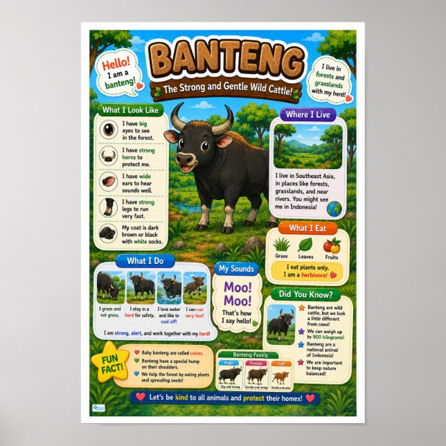 Póster Datos Divertidos Sobre Banteng Para Niños (Frente)