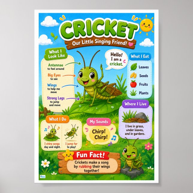 Póster Datos divertidos sobre cricket para niños (Frente)