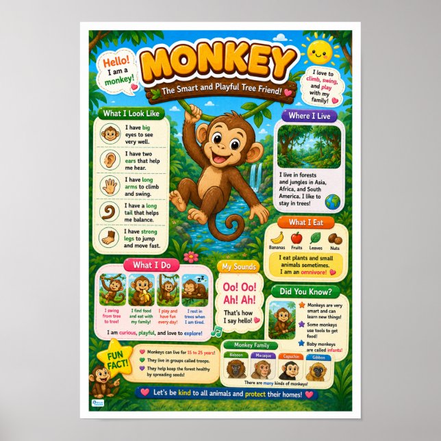 Póster Datos divertidos sobre monos para niños (Frente)