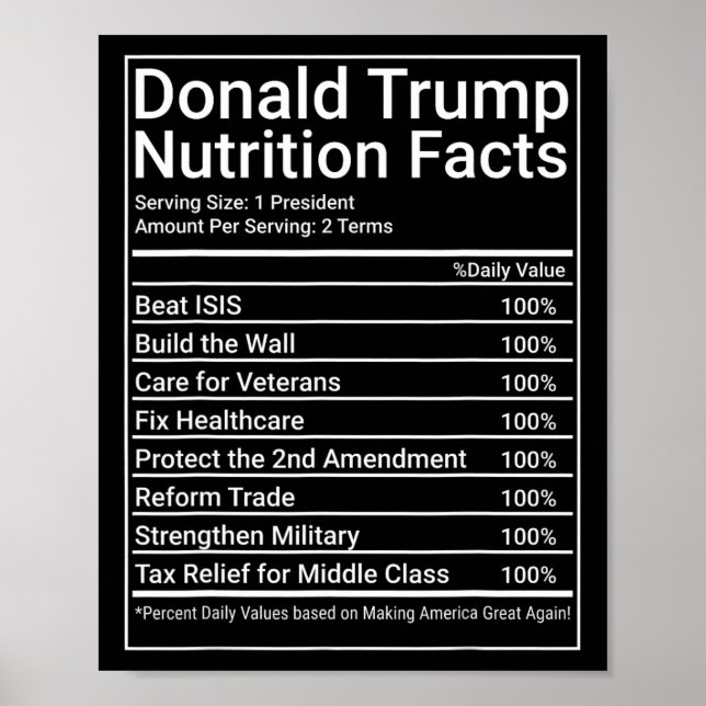 Póster Datos Nutricionales de Donald Trump - 1 Presidente (Frente)