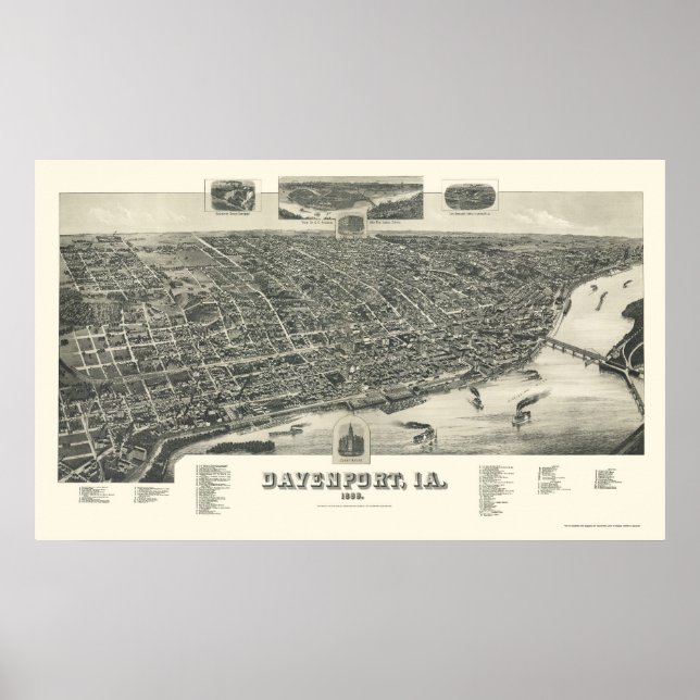 Póster Davenport, IA Panoramic Map - 1888 (Frente)