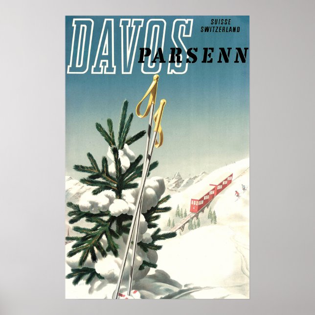 Póster Davos, Parsenn, ferrocarril de montaña, viaje vint (Frente)