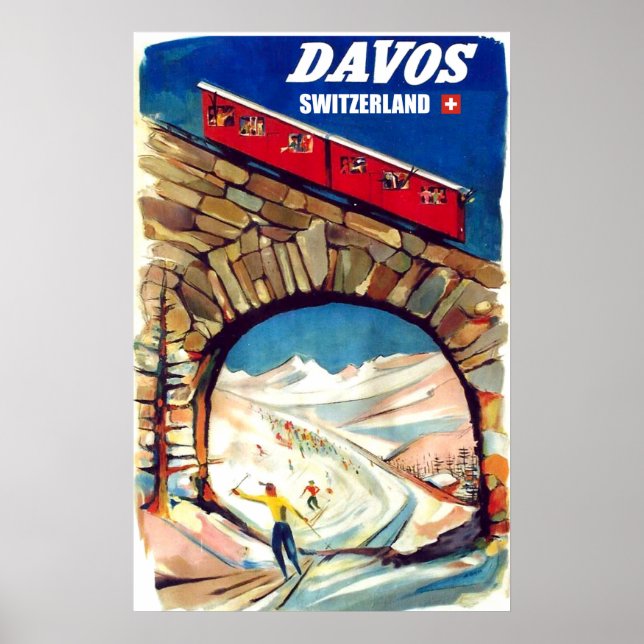 Póster Davos, teleférico rojo en el puente, Suiza (Frente)