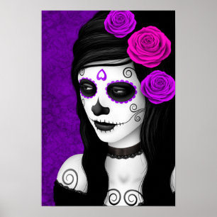 Póster Day of the Dead Girl with Purple Roses