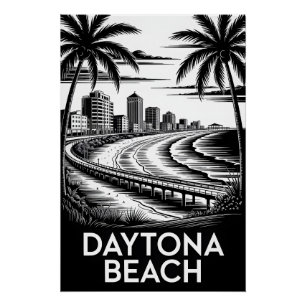 Póster Daytona Beach Florida Negro Blanco Grabado en Made