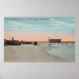 Póster Daytona, FL - Vista de la playa con coches y coche