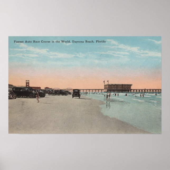 Póster Daytona, FL - Vista de la playa con coches y coche (Frente)