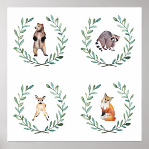 Póster de 4 animales del bosque y guirnaldas