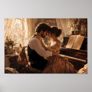 Póster de Abrazo Romántico al Piano en Luz Dorada