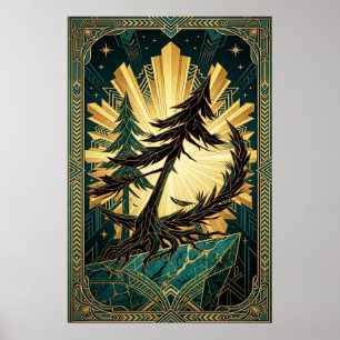 Póster de Acantilado Dorado Verde Teal Silueta de 