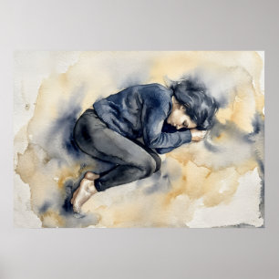 Póster de Acuarela Azul de Figura Durmiendo