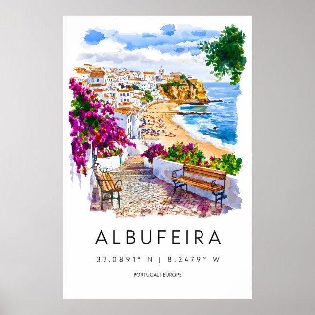 Póster de Acuarela de Albufeira Impresión de Viaje (Frente)