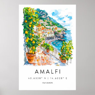 Póster de Acuarela de Amalfi Impresión de viaje a 