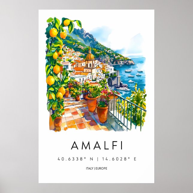 Póster de acuarela de Amalfi Parque Nacional de Vi (Frente)