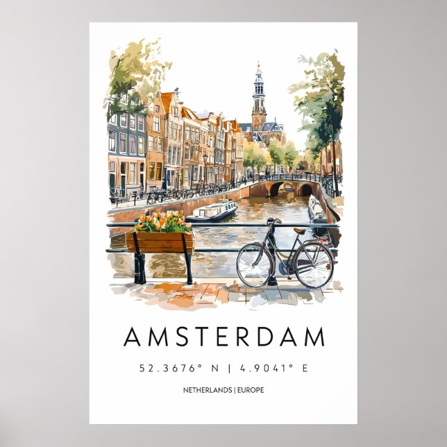 Póster de Acuarela de Ámsterdam Impresión de Viaje (Frente)